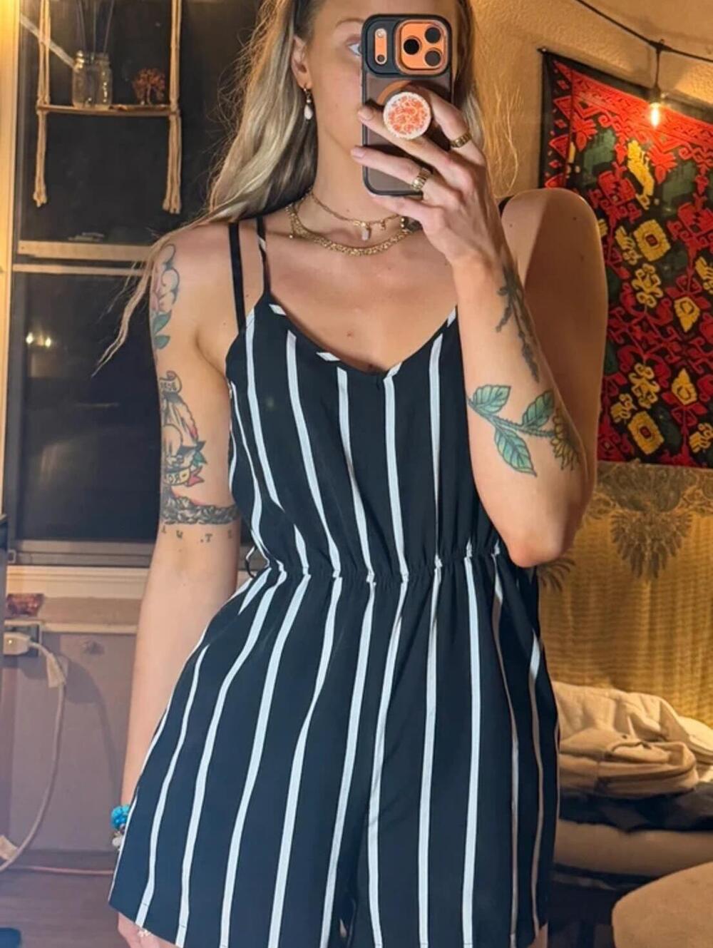 Shein Size M Black and White Vertical Stripe Romper